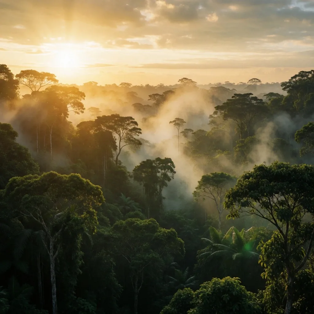 Indonesian tropical forest canopy at sunset
