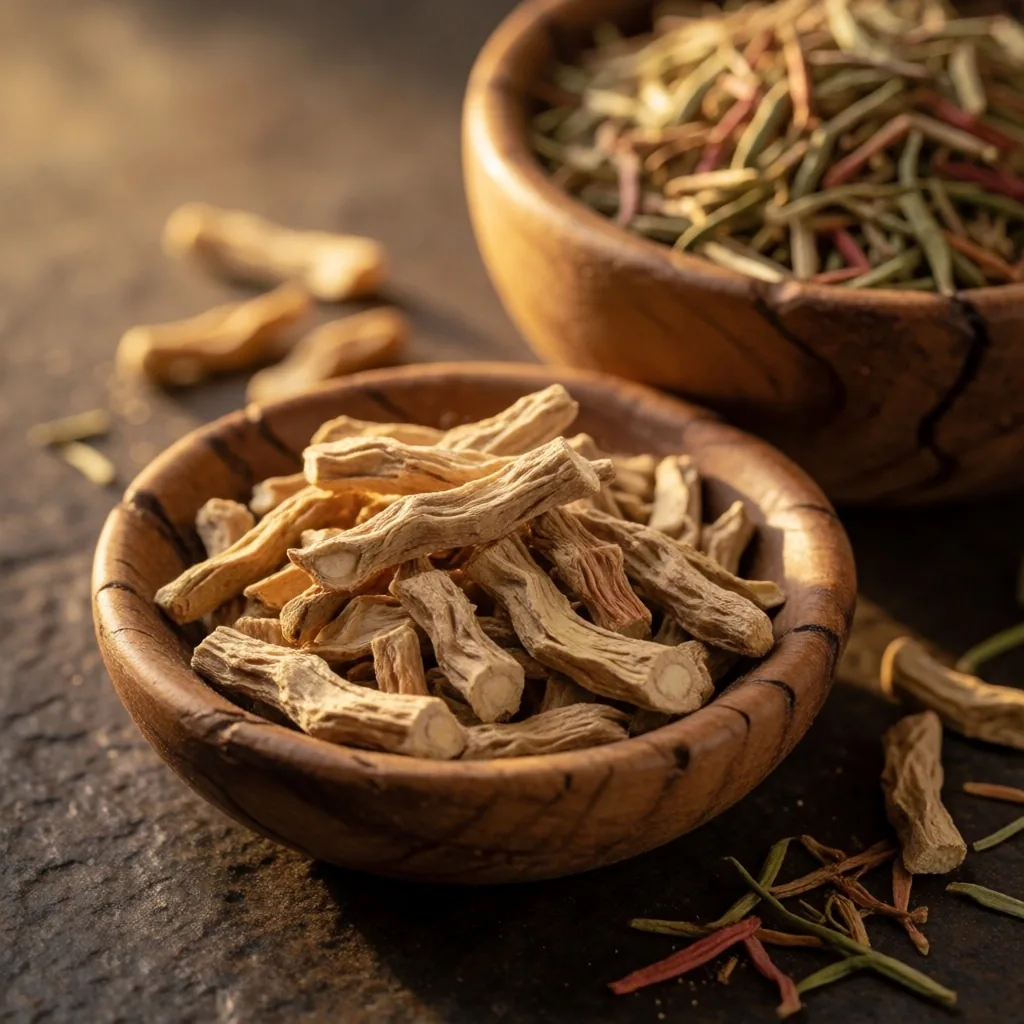 Dried adaptogenic herbs in wooden bowls
