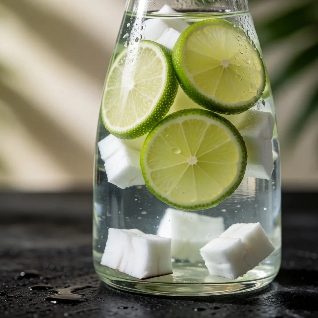 Fresh water with coconut and lime in a glass carafe